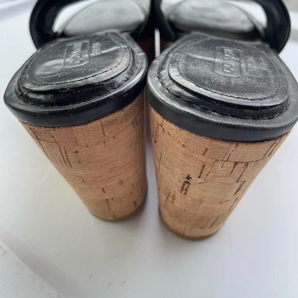 SALE COACH Jazmin Black Leather 
Canves Cork Platform Wedge Sandals - Picture 3 of 5